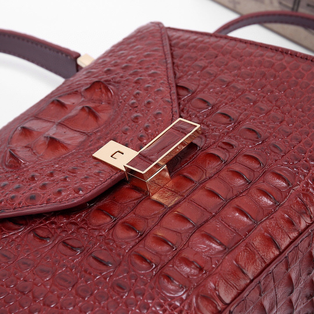 Genuine Crocodile Skin Bone Leather Top Handle Bags Wine Red