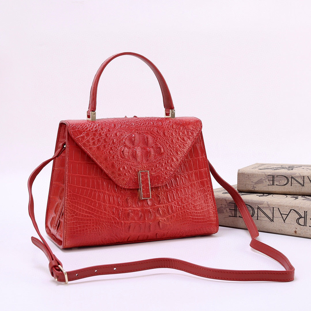 Genuine Crocodile Skin Bone Leather Top Handle Bags Red