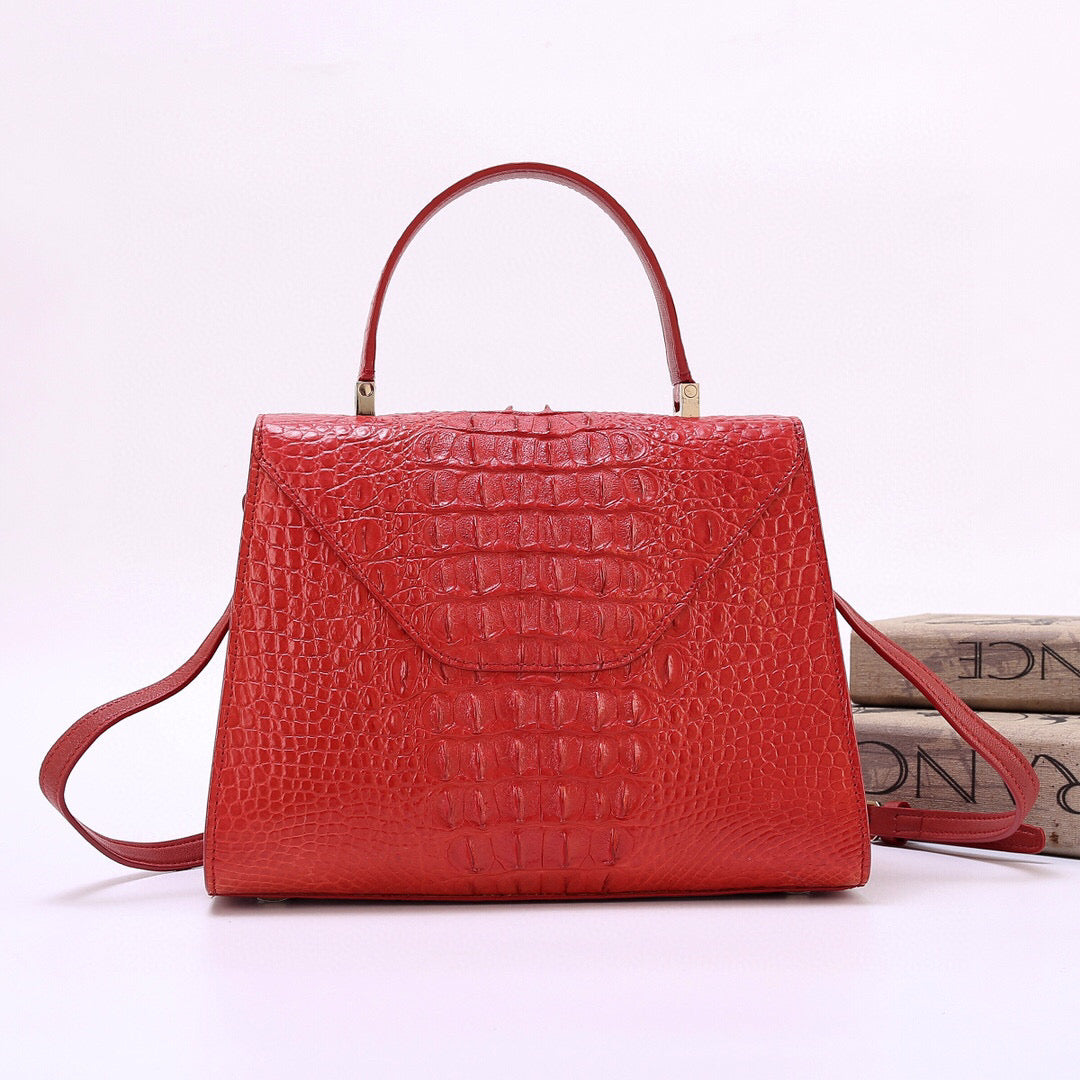 Genuine Crocodile Skin Bone Leather Top Handle Bags Red