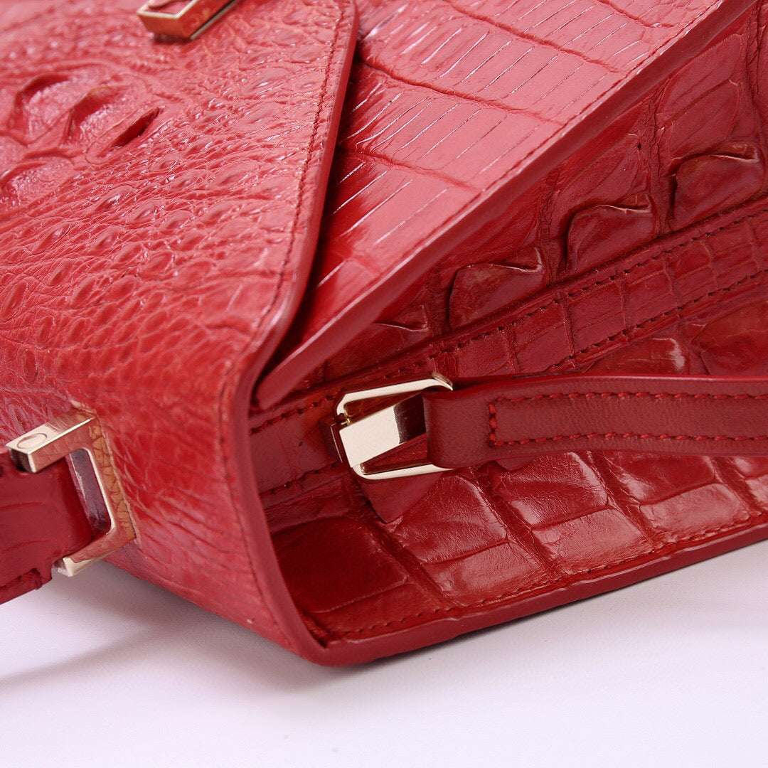 Genuine Crocodile Skin Bone Leather Top Handle Bags Red