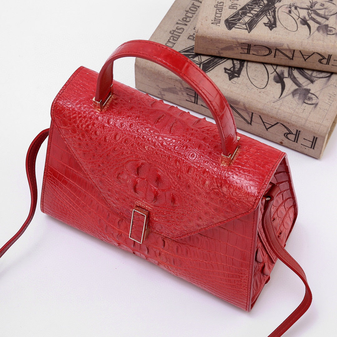 Genuine Crocodile Skin Bone Leather Top Handle Bags Red