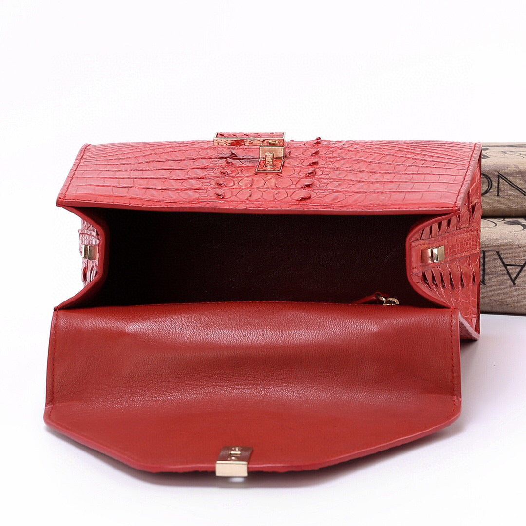 Genuine Crocodile Skin Bone Leather Top Handle Bags Red