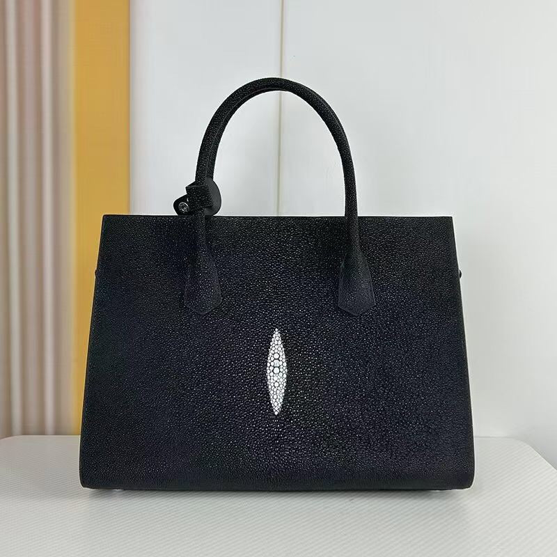 Womens Genuine Stingray Skin Leathe Shopper Tote Bag Black
