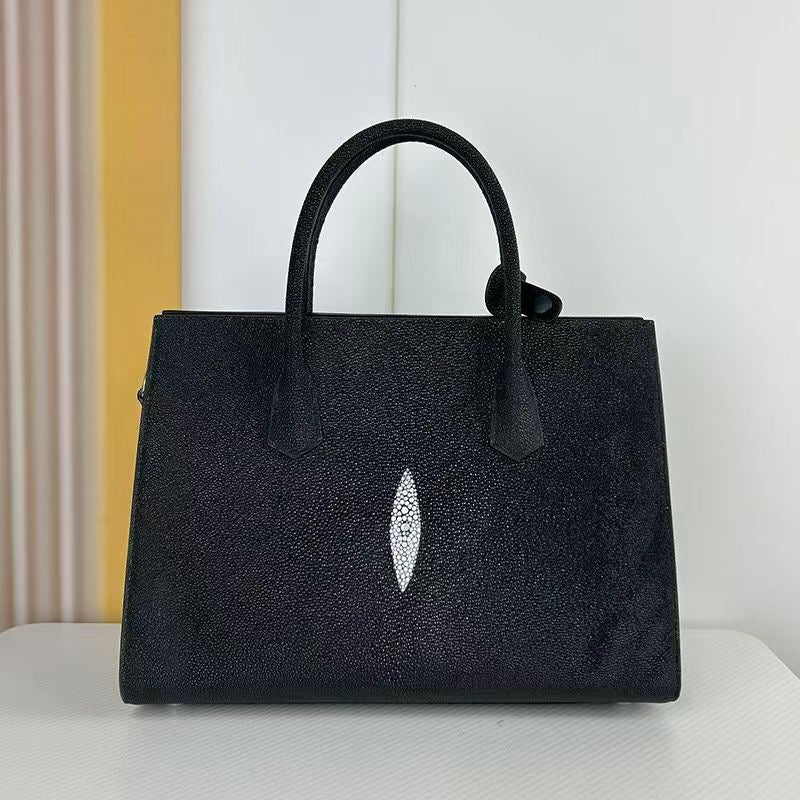 Womens Genuine Stingray Skin Leathe Shopper Tote Bag Black