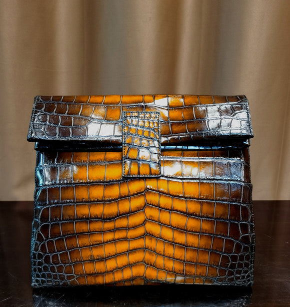 Vintage Crocodile Skin Leather Fold Top  Organizer Storage Bag
