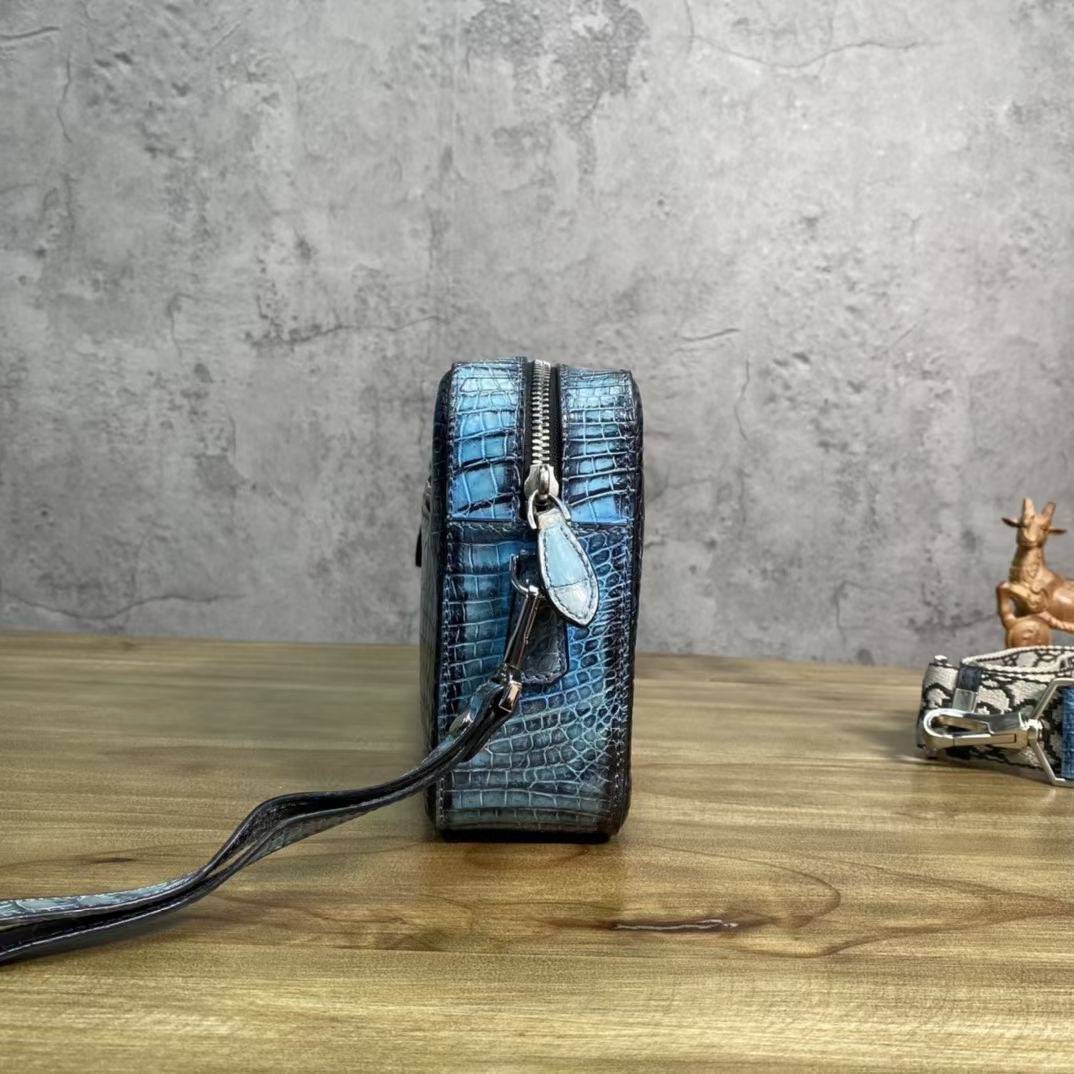 Mens Vintage Blue Atoll Genuine Crocodile Skin Leather Clutch With Wrist Strap