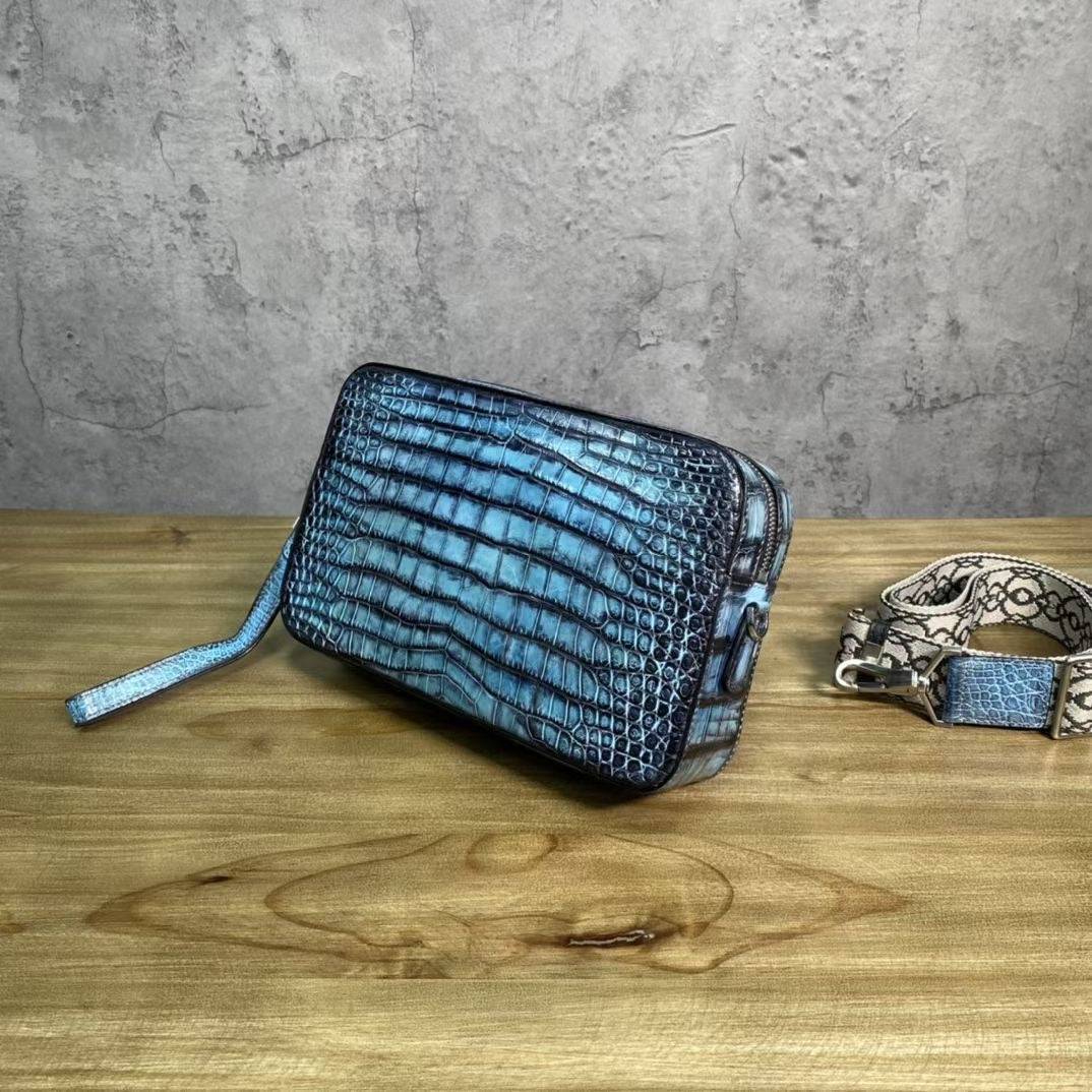 Mens Vintage Blue Atoll Genuine Crocodile Skin Leather Clutch With Wrist Strap