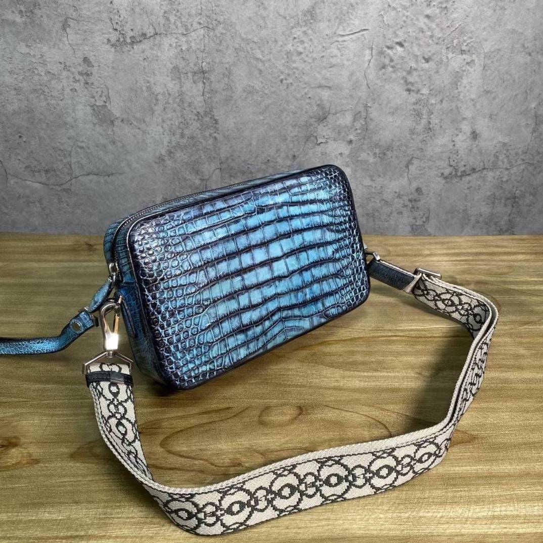 Mens Vintage Blue Atoll Genuine Crocodile Skin Leather Clutch With Wrist Strap