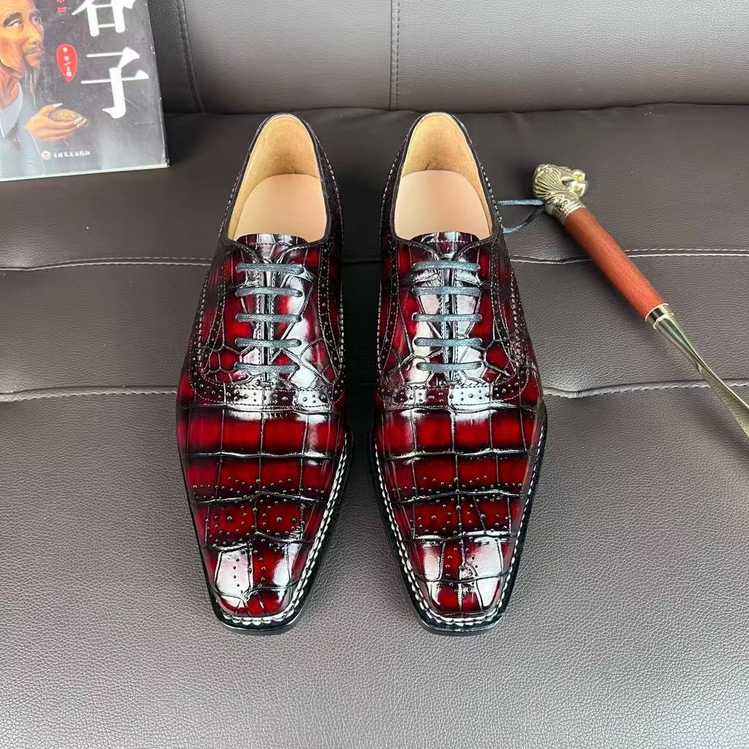 Crocodile Shoes , Handmade Men's Crocodile Leather Norwegian Sewn Lace Up Shoes Vintage Wine Red
