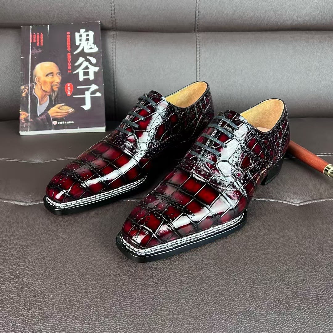 Crocodile Shoes , Handmade Men's Crocodile Leather Norwegian Sewn Lace Up Shoes Vintage Wine Red