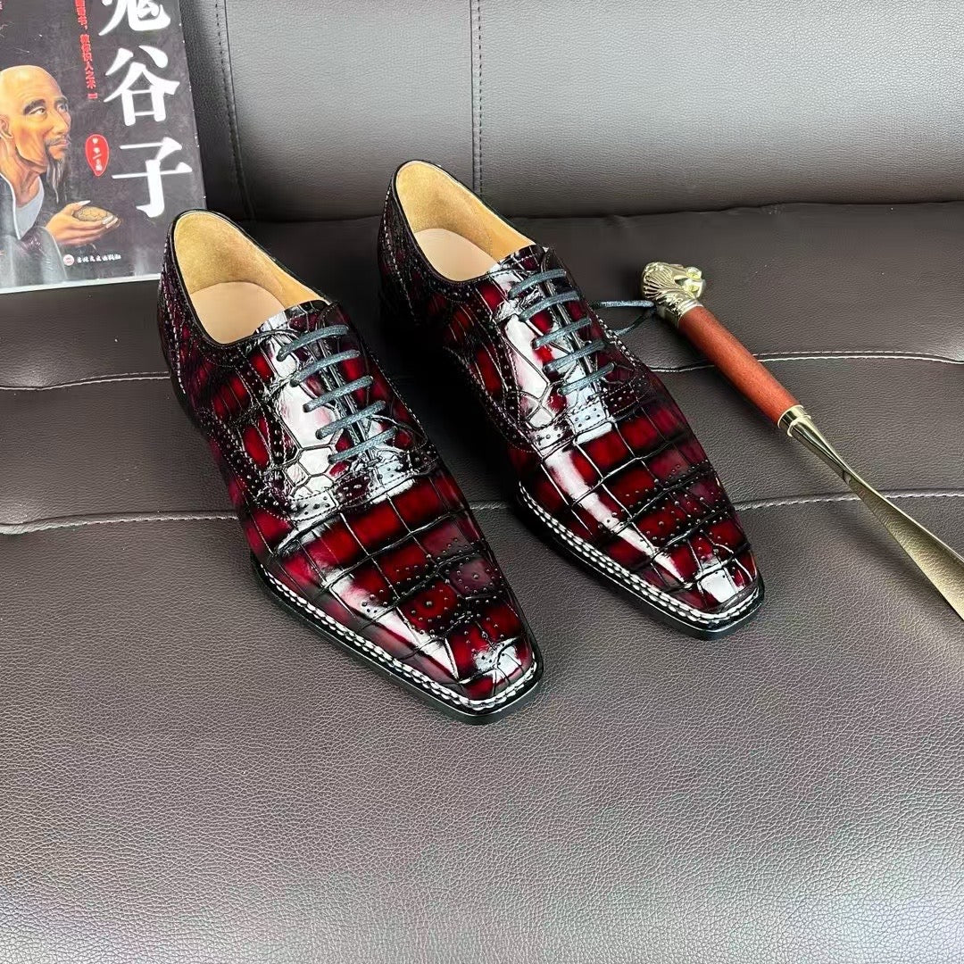 Crocodile Shoes , Handmade Men's Crocodile Leather Norwegian Sewn Lace Up Shoes Vintage Wine Red