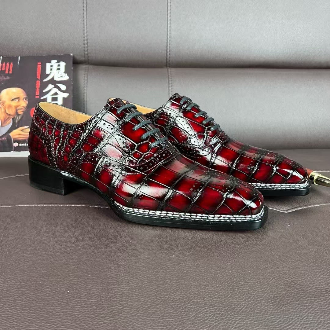Crocodile Shoes , Handmade Men's Crocodile Leather Norwegian Sewn Lace Up Shoes Vintage Wine Red