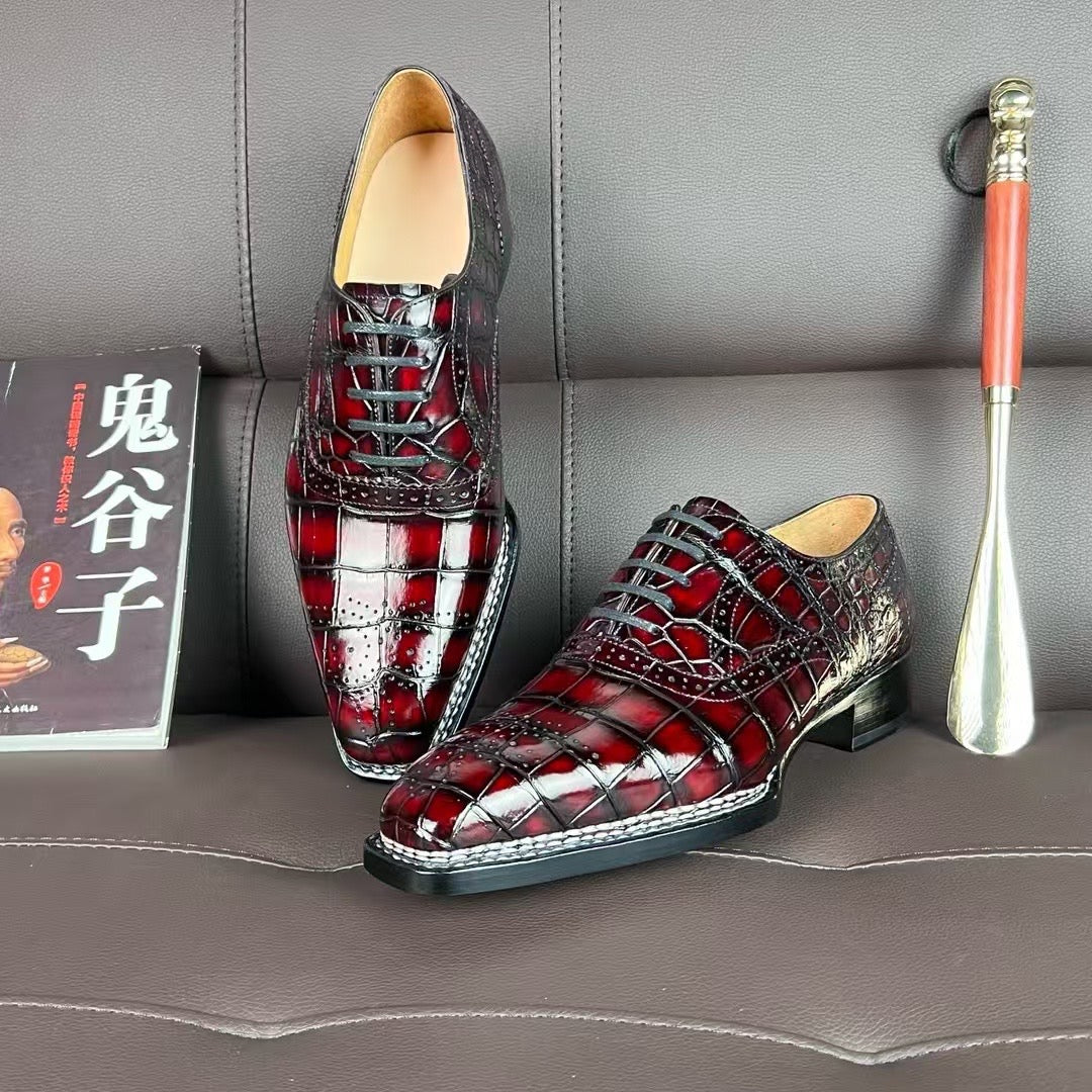 Crocodile Shoes , Handmade Men's Crocodile Leather Norwegian Sewn Lace Up Shoes Vintage Wine Red