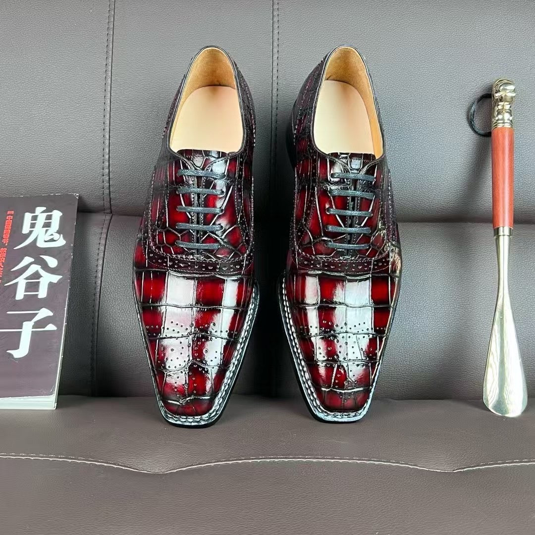 Crocodile Shoes , Handmade Men's Crocodile Leather Norwegian Sewn Lace Up Shoes Vintage Wine Red