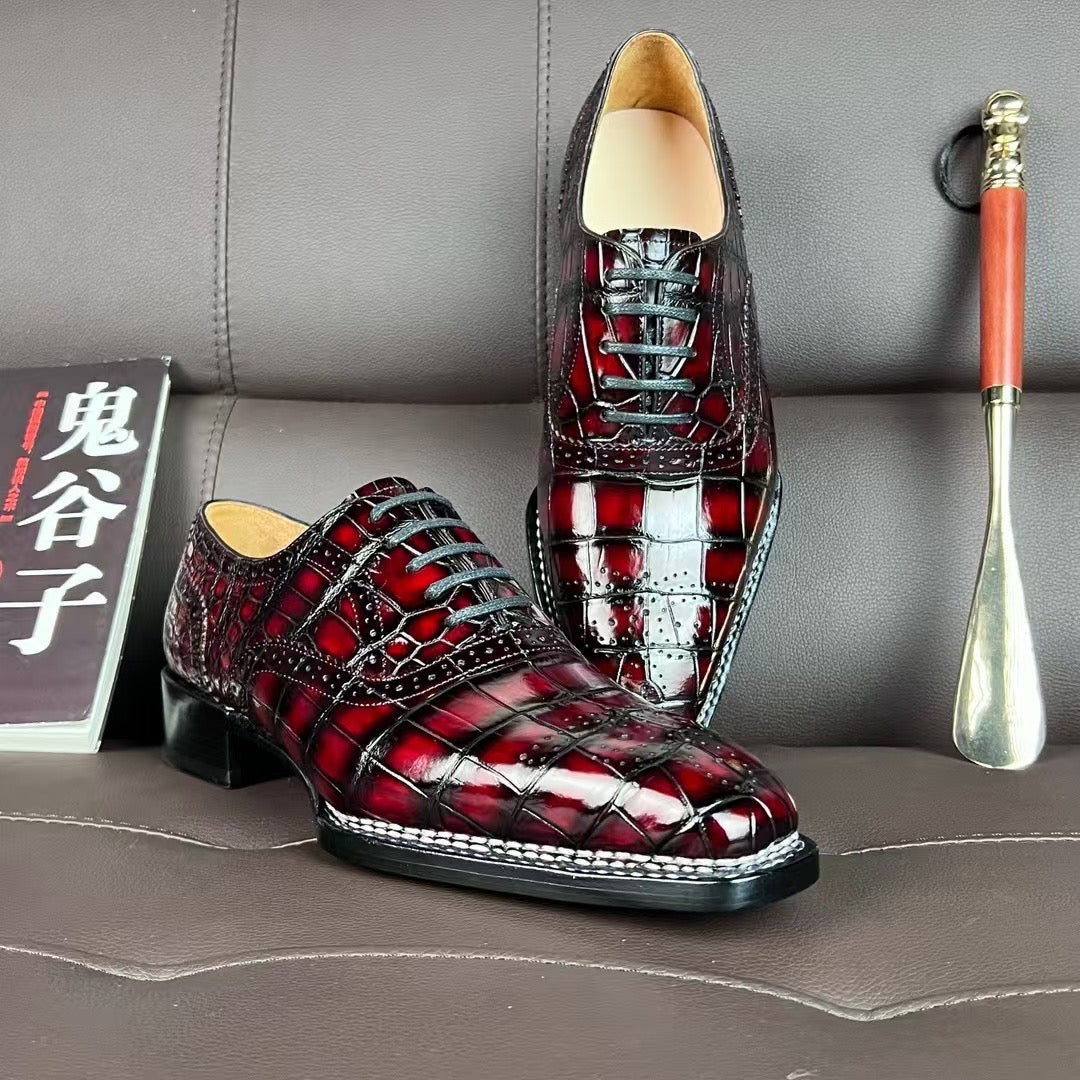Crocodile Shoes , Handmade Men's Crocodile Leather Norwegian Sewn Lace Up Shoes Vintage Wine Red