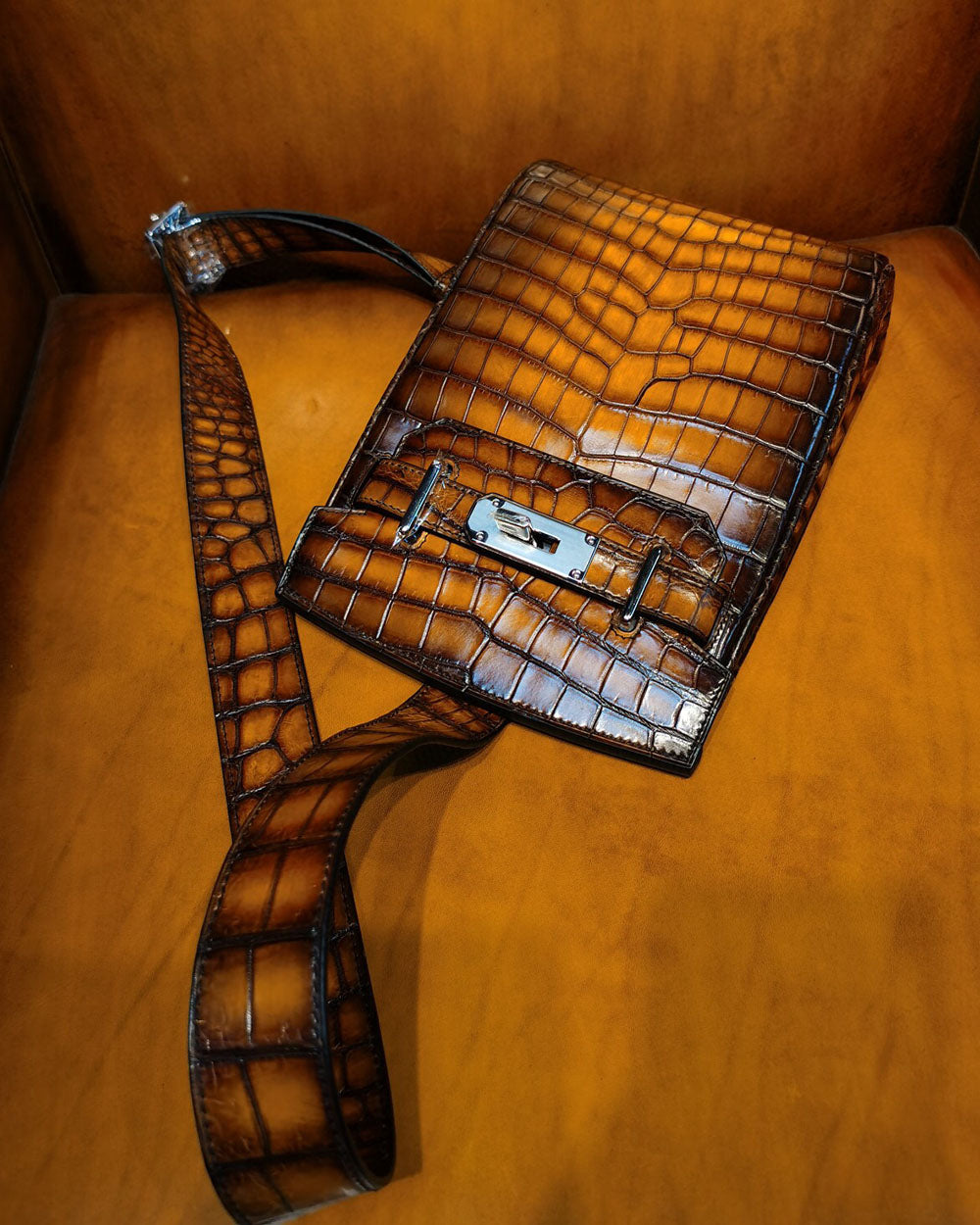 Vintage Crocodile Leather Sling Chest Shoulder Cross body Bag