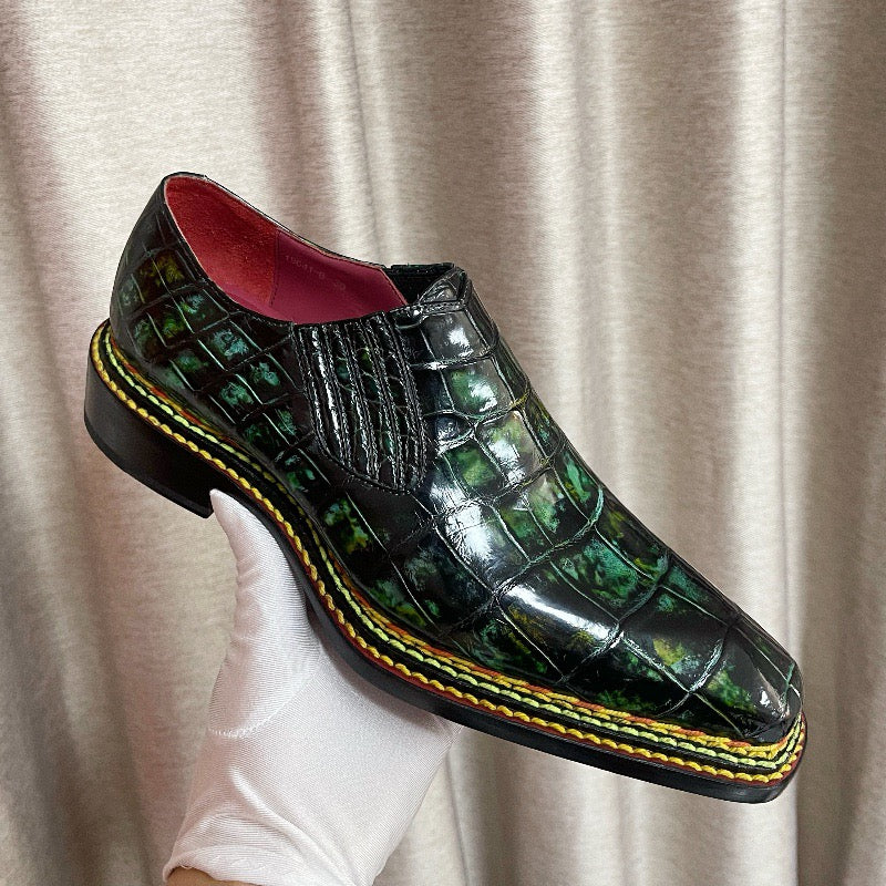 Crocodile Shoes, Men's Vintage  Green Norwegian Slip-On Loafer Shoes