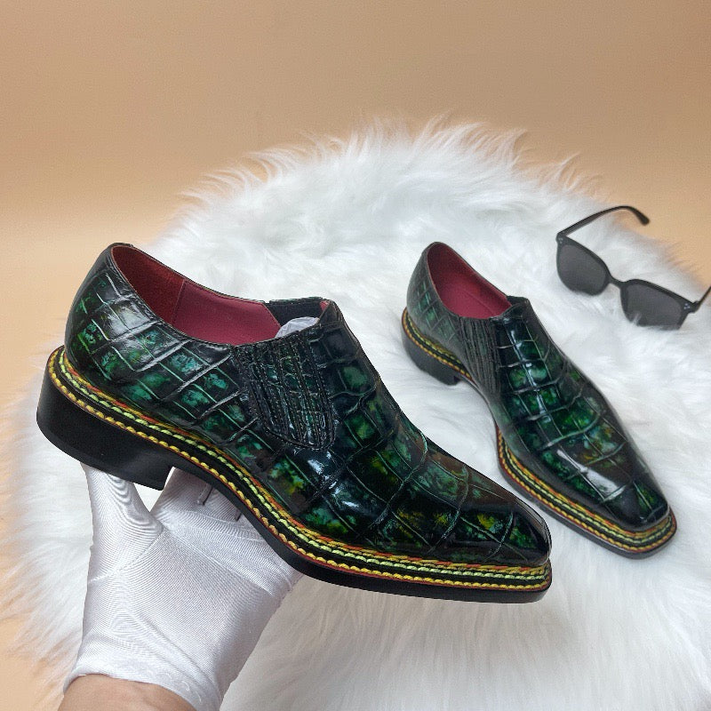 Crocodile Shoes, Men's Vintage  Green Norwegian Slip-On Loafer Shoes