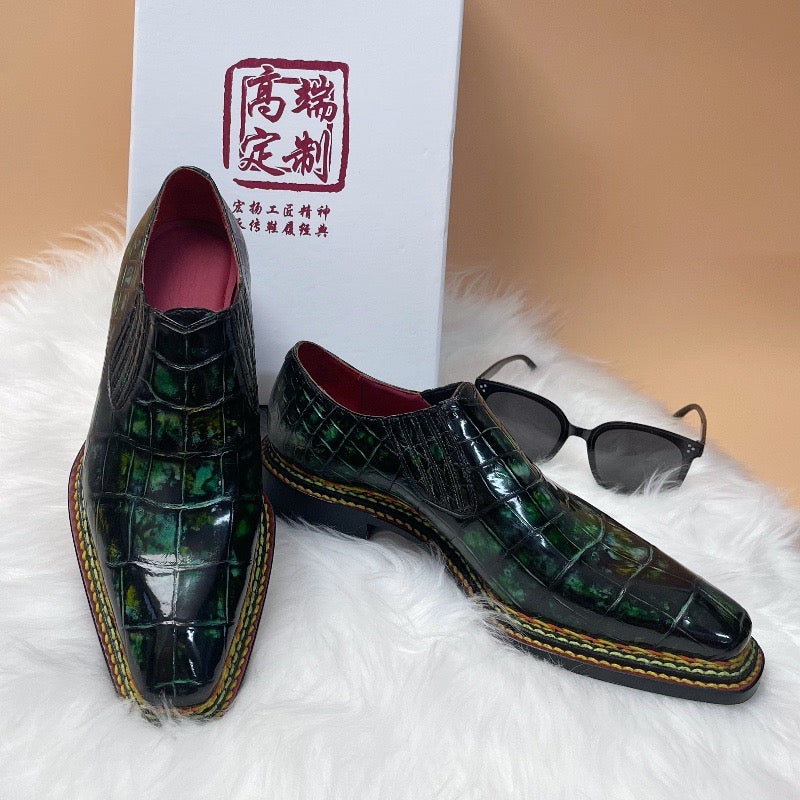 Crocodile Shoes, Men's Vintage  Green Norwegian Slip-On Loafer Shoes