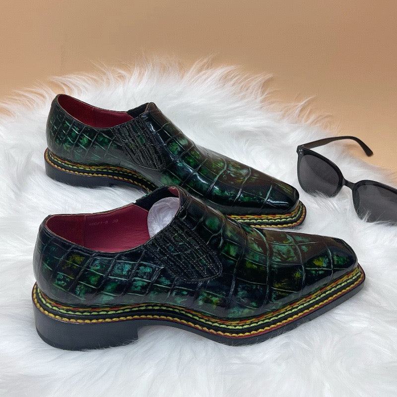 Crocodile Shoes, Men's Vintage  Green Norwegian Slip-On Loafer Shoes