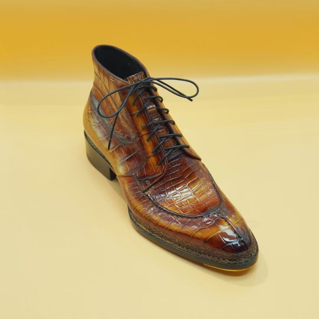 Crocodile Shoes,  Men's Norwegian Vintage Tan  Lace Up Boots