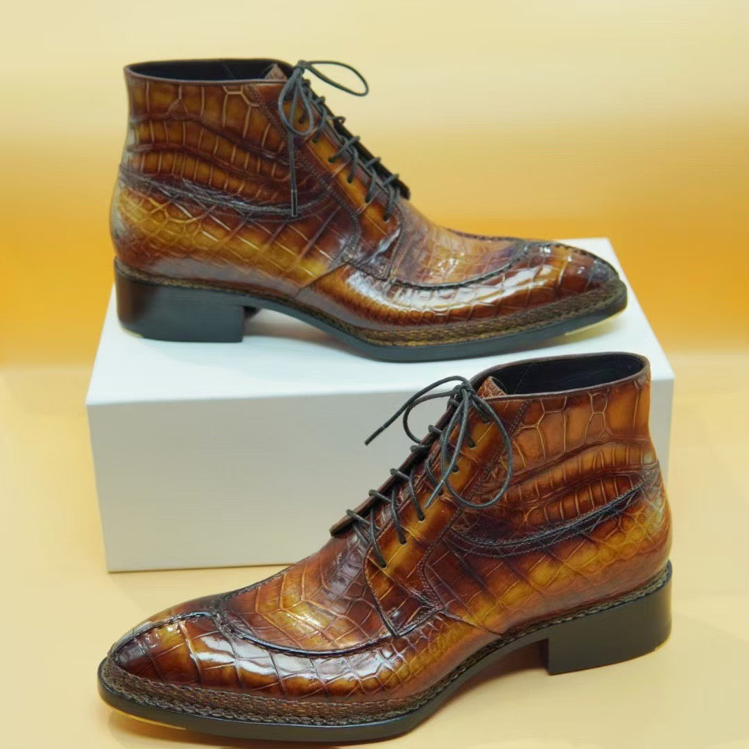 Crocodile Shoes,  Men's Norwegian Vintage Tan  Lace Up Boots