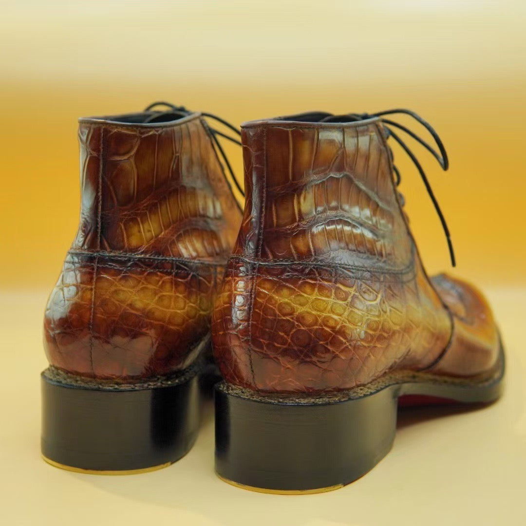 Crocodile Shoes,  Men's Norwegian Vintage Tan  Lace Up Boots
