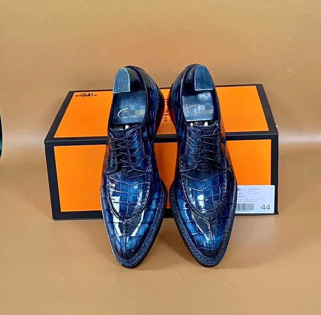 Crocodile Shoes, Men's Crocodile Leather Lace Up Business Dress Shoes Vintage Blue