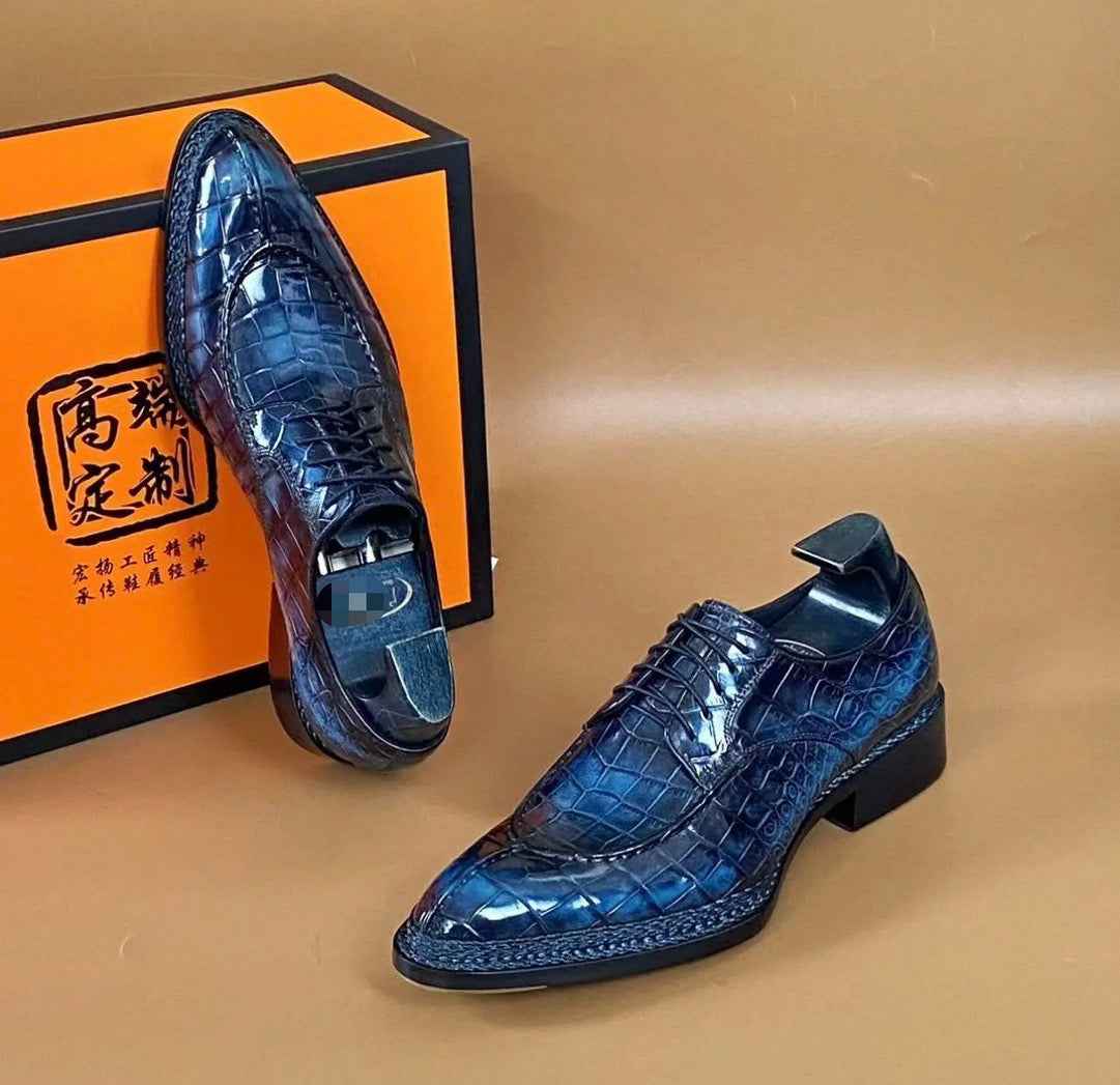 Crocodile Shoes, Men's Crocodile Leather Lace Up Business Dress Shoes Vintage Blue