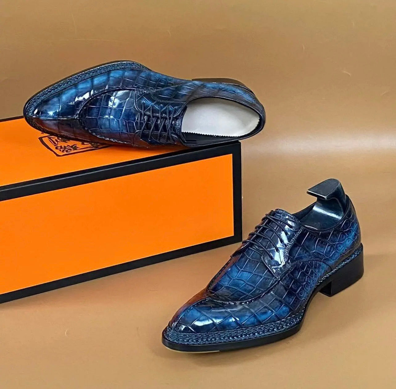 Crocodile Shoes, Men's Crocodile Leather Lace Up Business Dress Shoes Vintage Blue