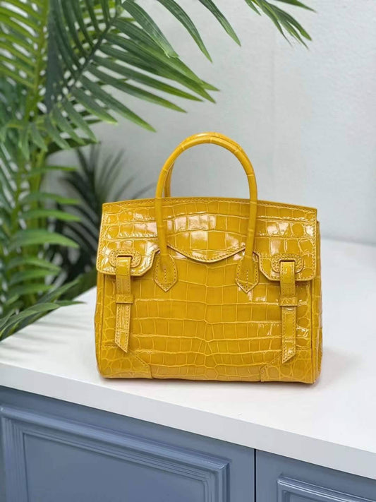 Genuine Crocodile Leather Top Handle Bag Shiny Yellow