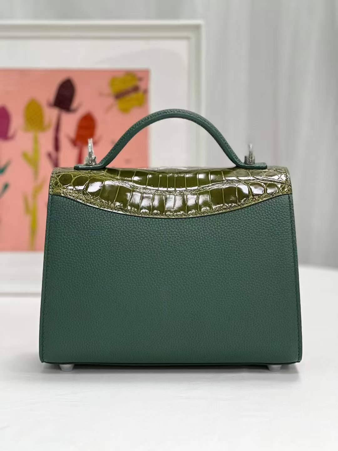 Womens Top Handle Bag Togo Leather  / Shiny Himalaya Green Crocodile Skin Silver Hardware