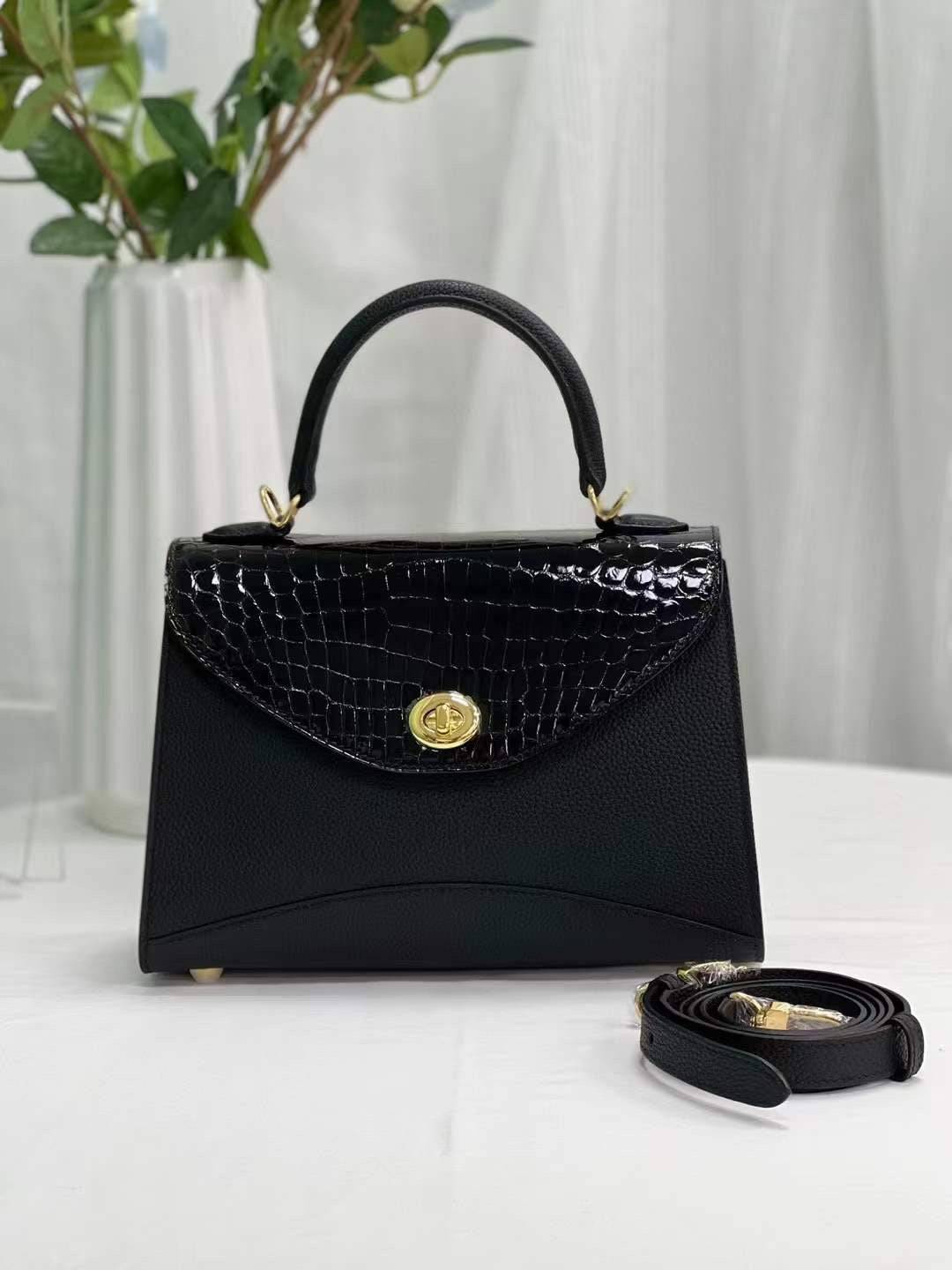 Womens Top Handle Bag Togo Leather  / Shiny Black Crocodile Skin Leather Gold Hardware