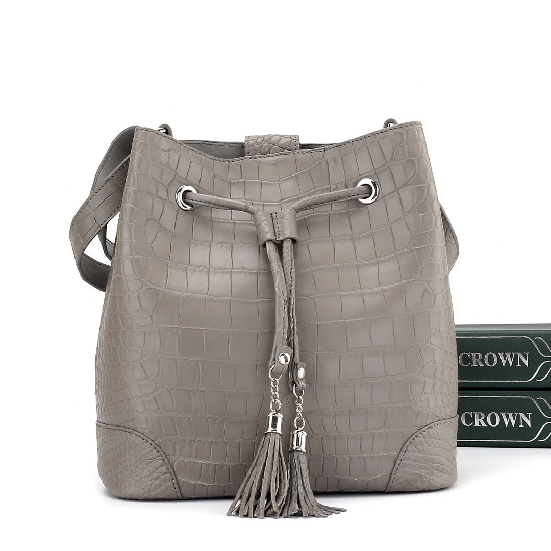 Unisex Crocodile Leather Drawstring Bucket Shoulder Purse Crossbody Bag,Large Capacity