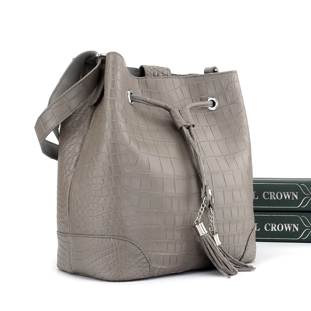 Unisex Crocodile Leather Drawstring Bucket Shoulder Purse Crossbody Bag,Large Capacity