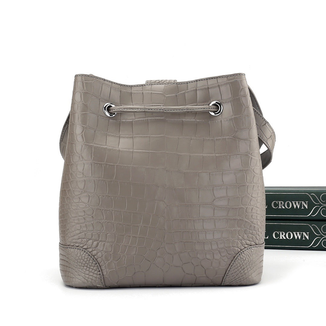 Unisex Crocodile Leather Drawstring Bucket Shoulder Purse Crossbody Bag,Large Capacity