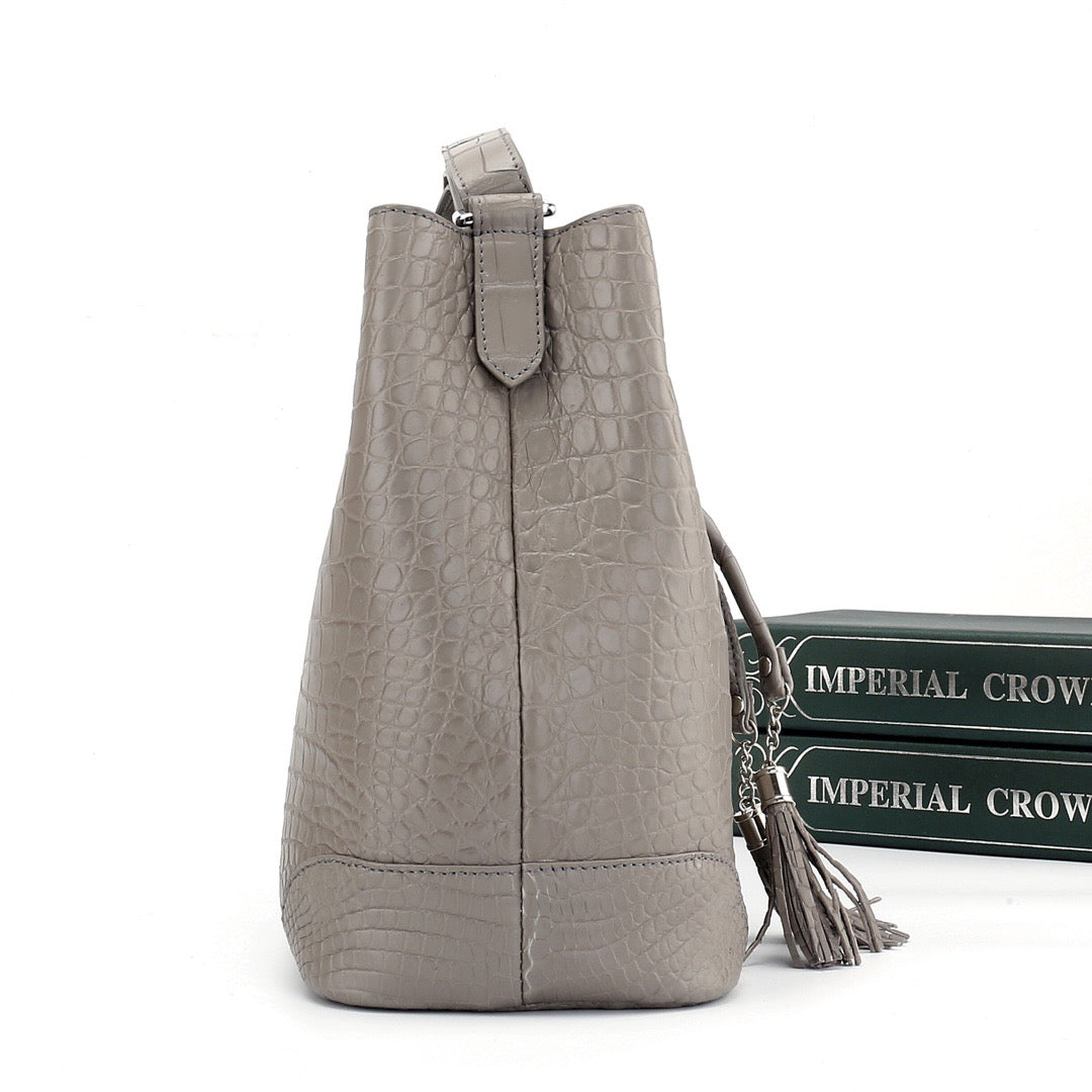 Unisex Crocodile Leather Drawstring Bucket Shoulder Purse Crossbody Bag,Large Capacity