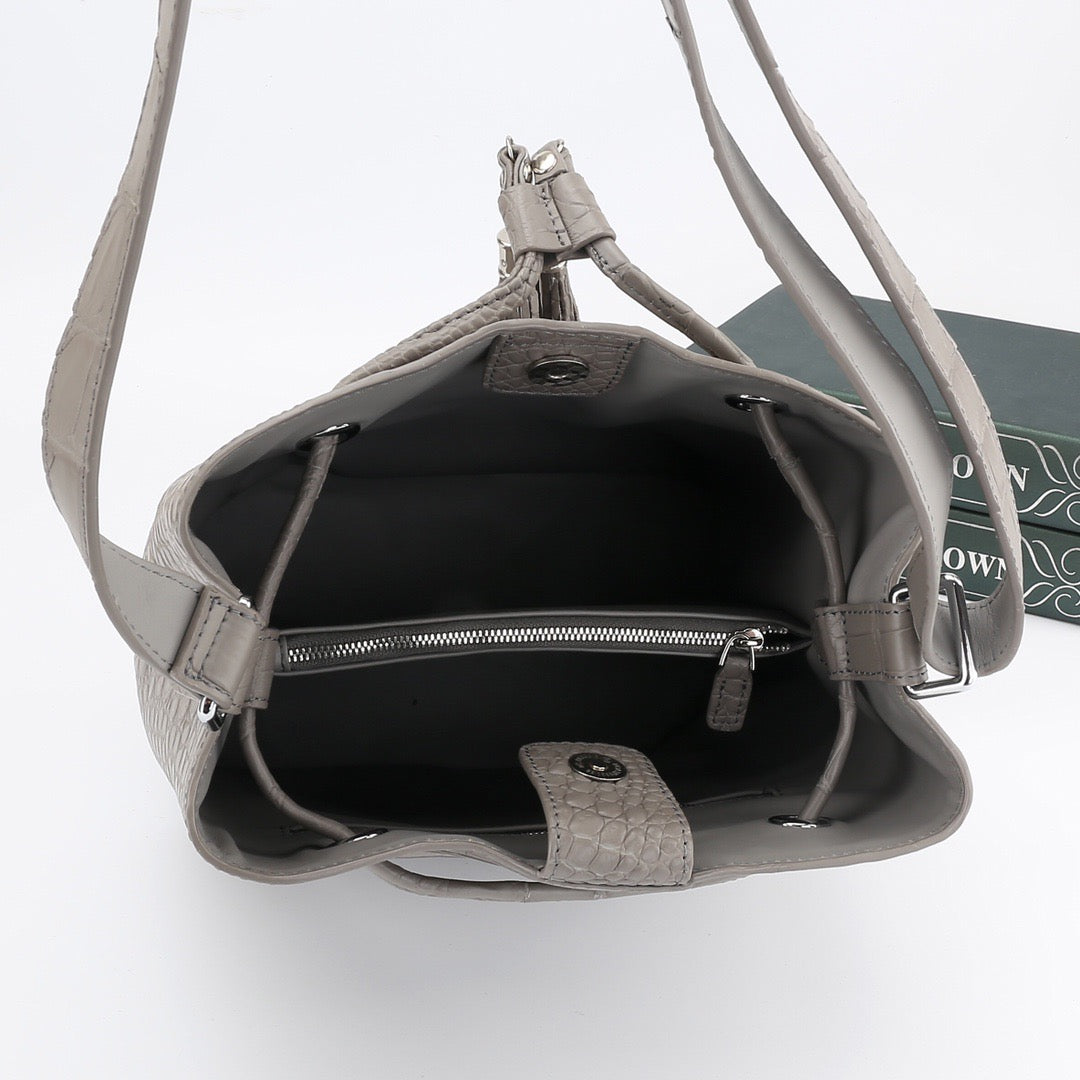 Unisex Crocodile Leather Drawstring Bucket Shoulder Purse Crossbody Bag,Large Capacity