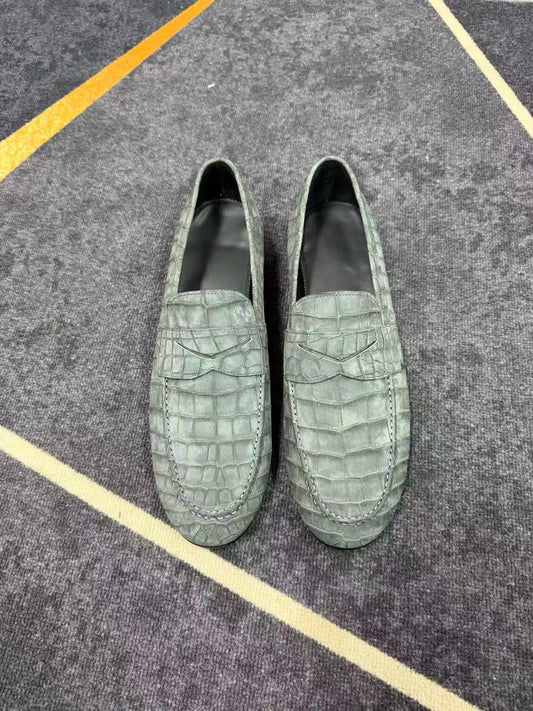 Crocodile Shoes, Men's Crocodile Leather Business Slip-On Loafer Flat Shoes Green