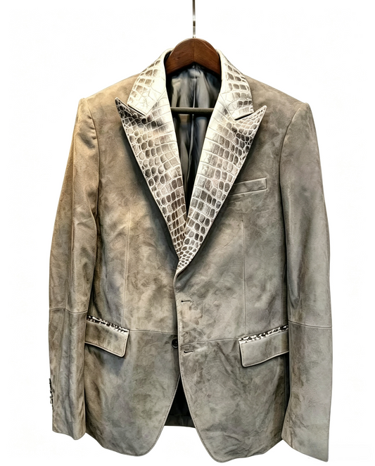 Stylish Unisex Suede Leather Suit Coat,Himalaya White  Crocodile Leather Collar Blazer