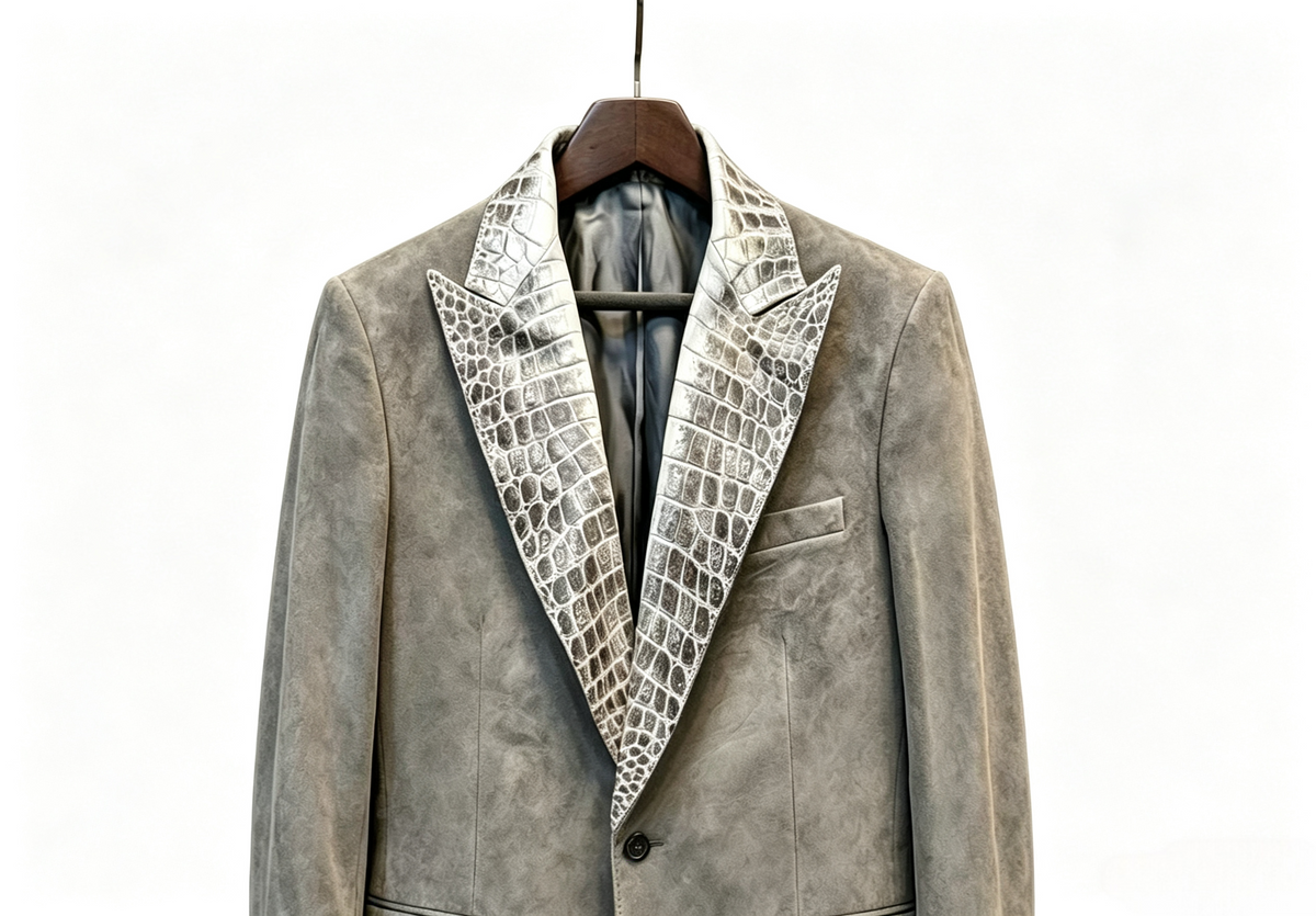Stylish Unisex Suede Leather Suit Coat,Himalaya White  Crocodile Leather Collar Blazer