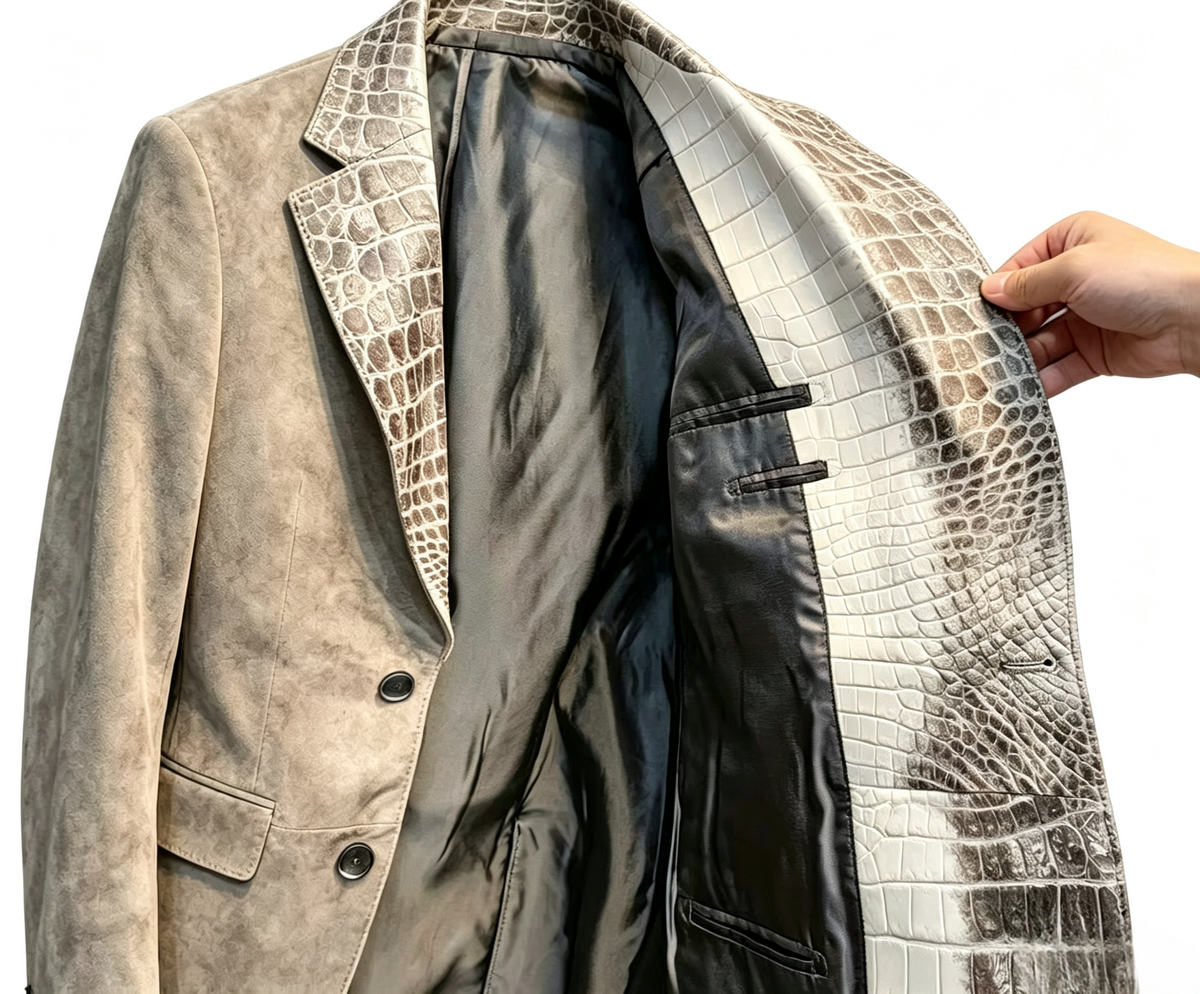 Stylish Unisex Suede Leather Suit Coat,Himalaya White  Crocodile Leather Collar Blazer