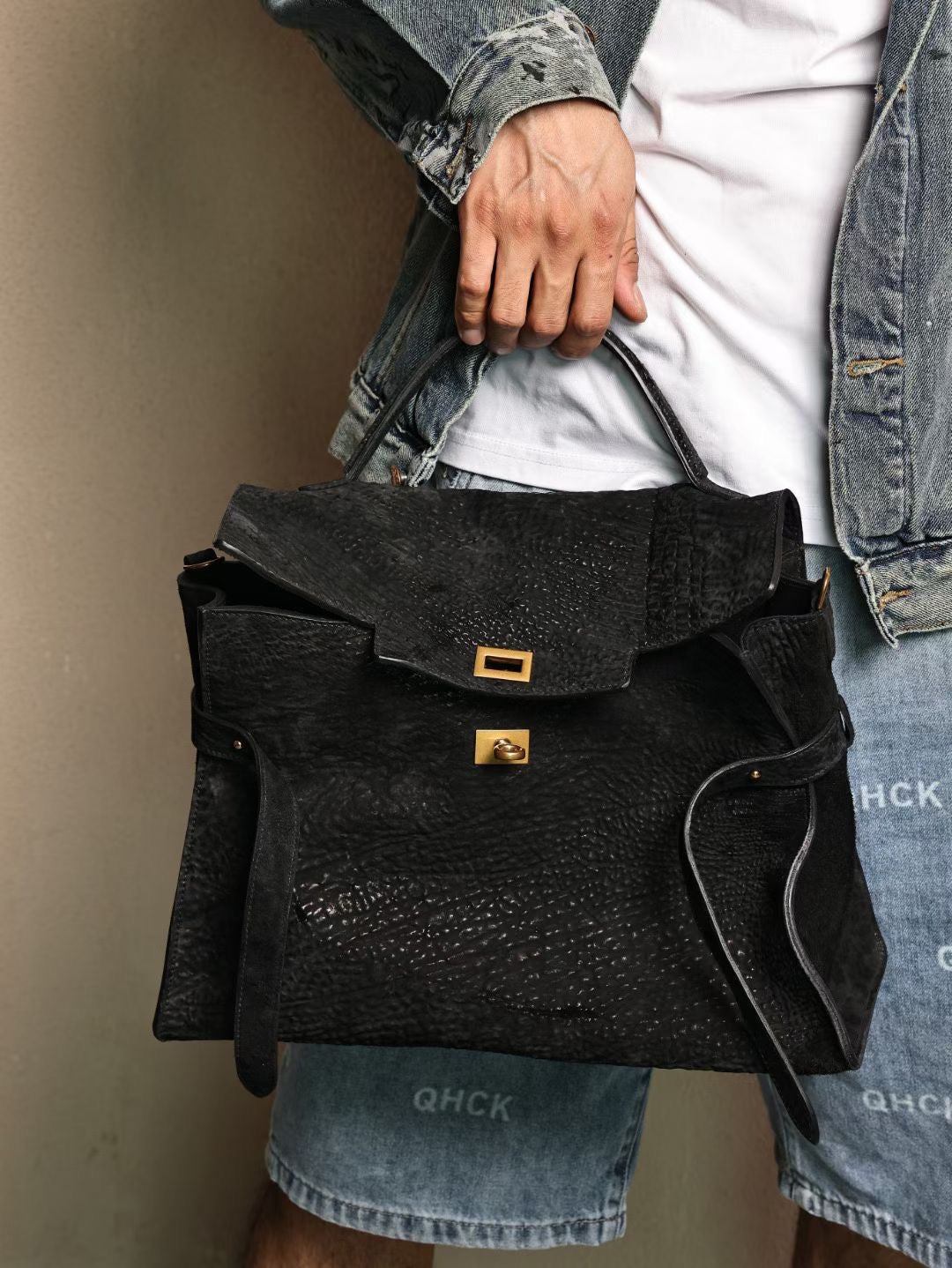 Genine Washed Cordovan Leather Top Handle Briefcase Bag