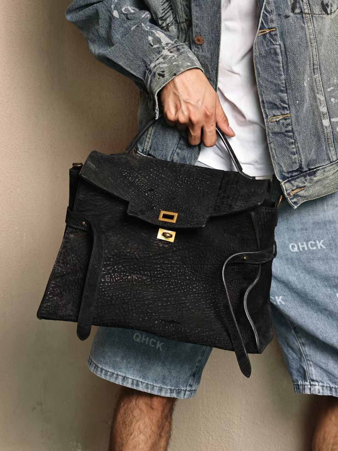 Genine Washed Cordovan Leather Top Handle Briefcase Bag