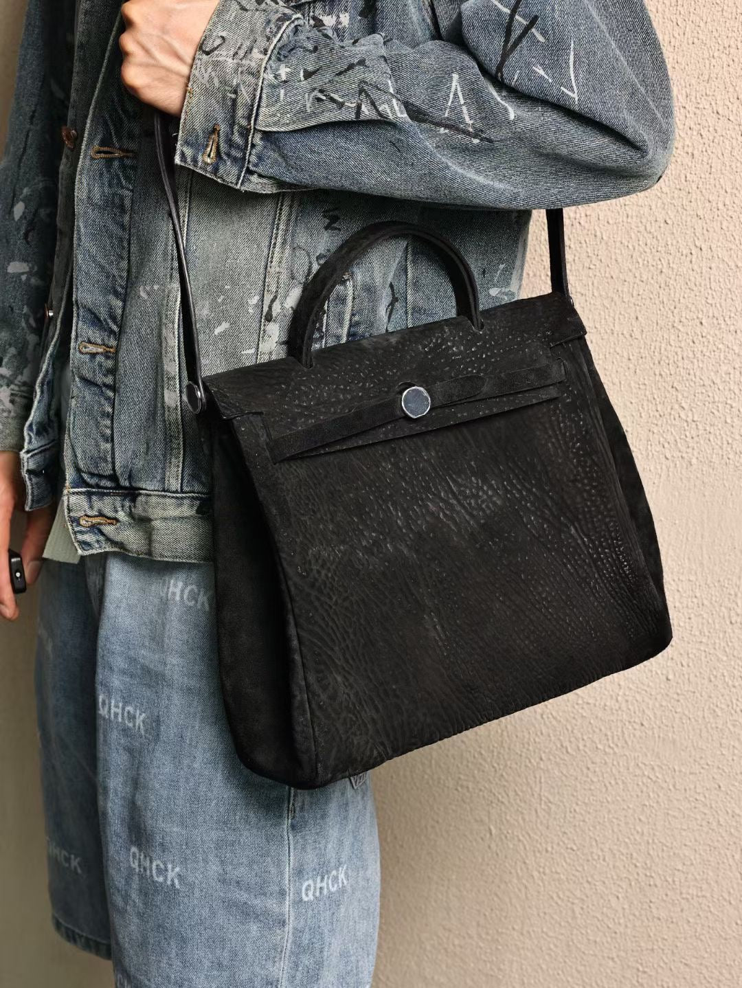 Genine Washed Cordovan Leather Briefcase Bag Black