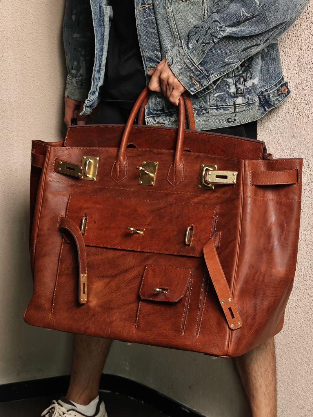 Genine Washed Vintage Cordovan Leather Extra Large Super Big Bag