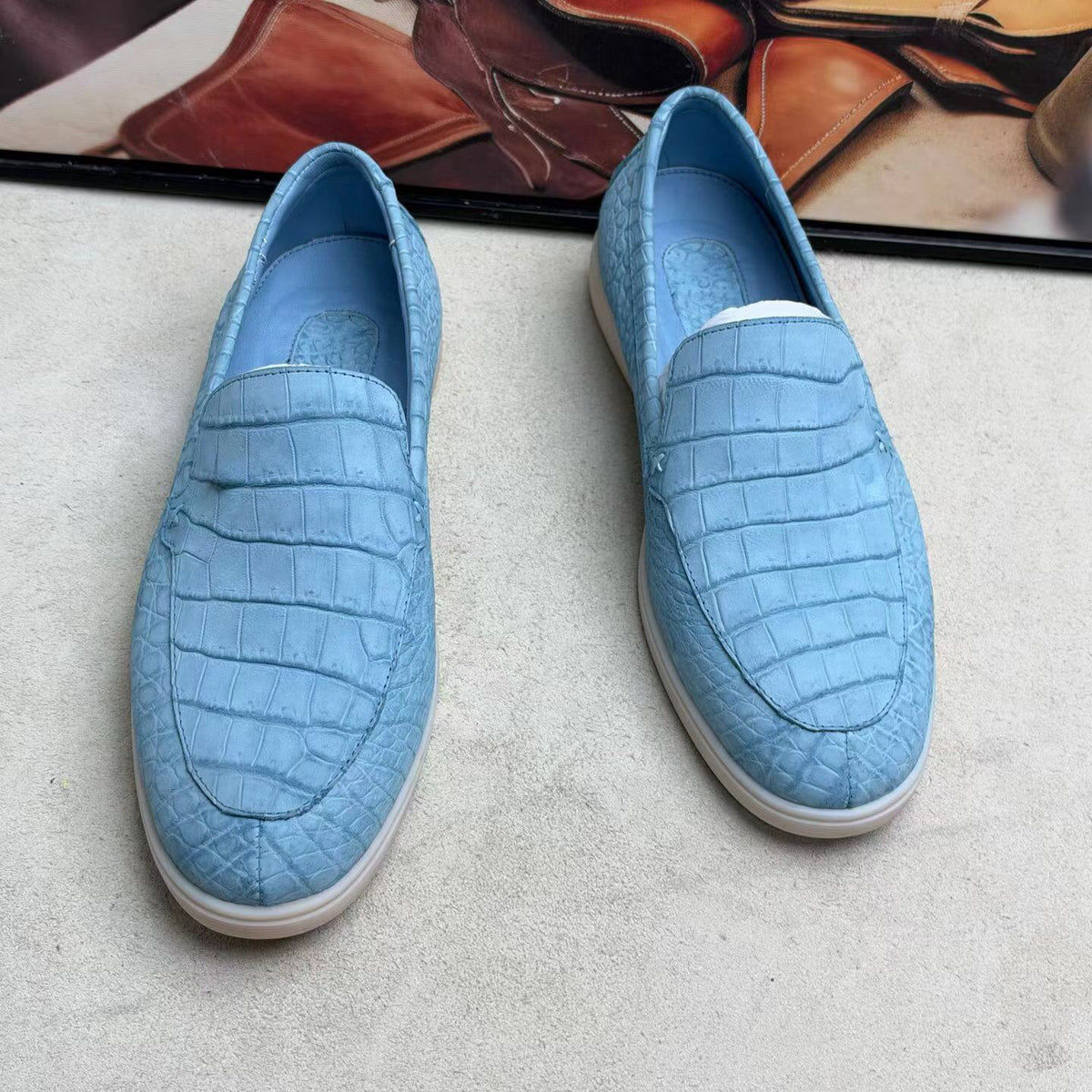 Nubuck Crocodile Shoes,Men's Crocodile Leather Loafers Slip-On Dress Shoes Pale Blue