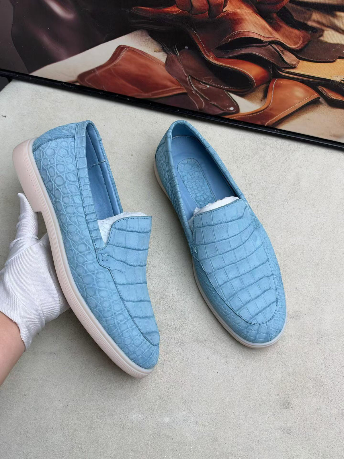 Nubuck Crocodile Shoes,Men's Crocodile Leather Loafers Slip-On Dress Shoes Pale Blue