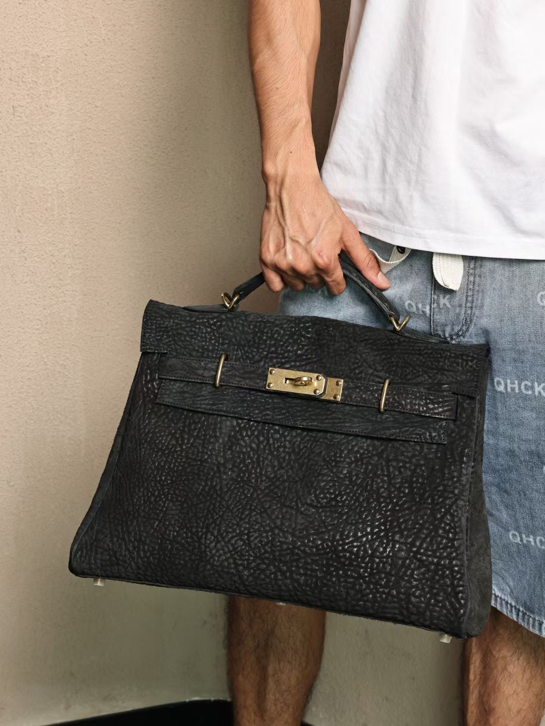 Genine Washed Vitnage Cordovan Leather Top Handle Satchel Bag Gold & Black