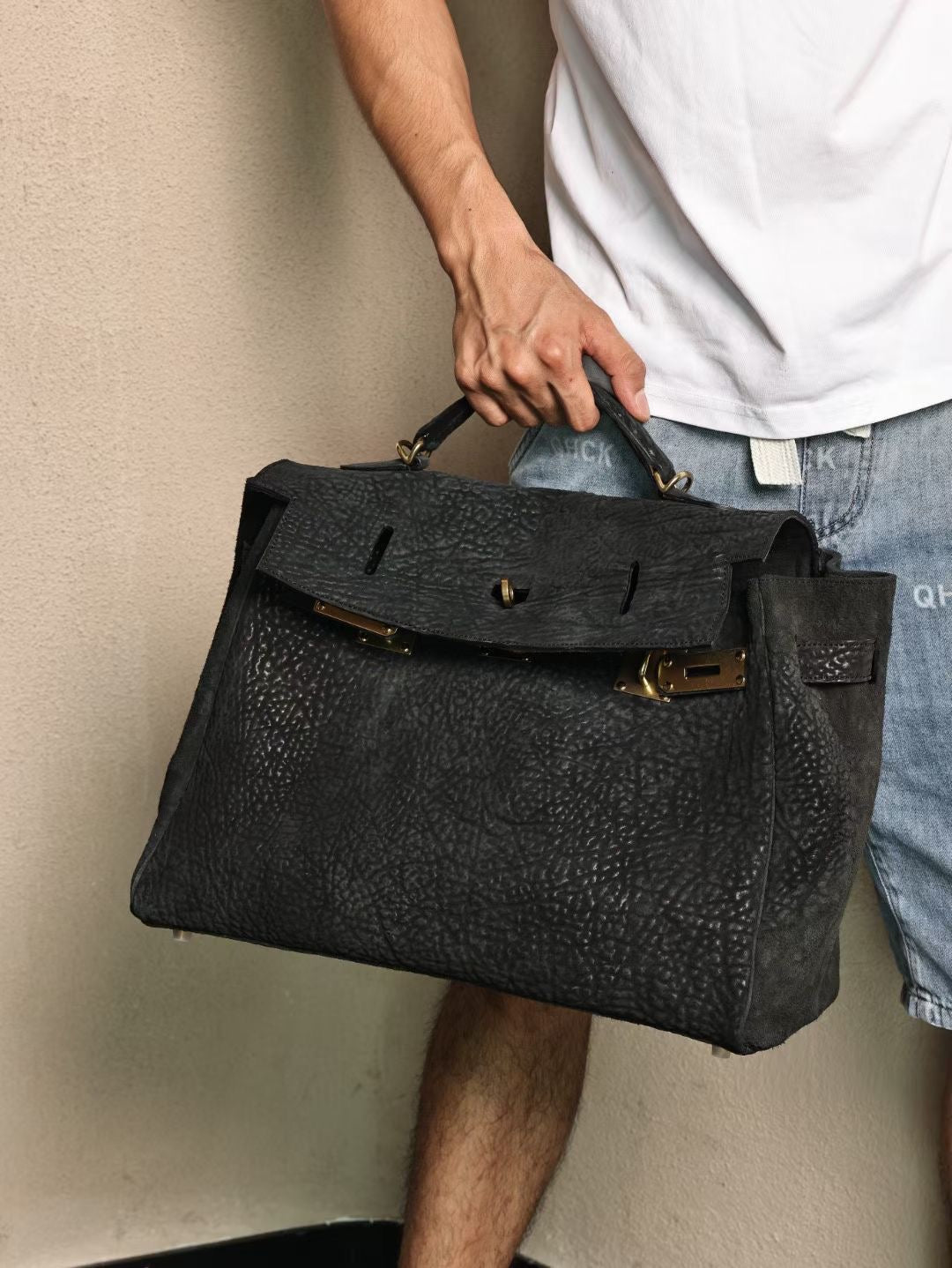 Genine Washed Vitnage Cordovan Leather Top Handle Satchel Bag Gold & Black